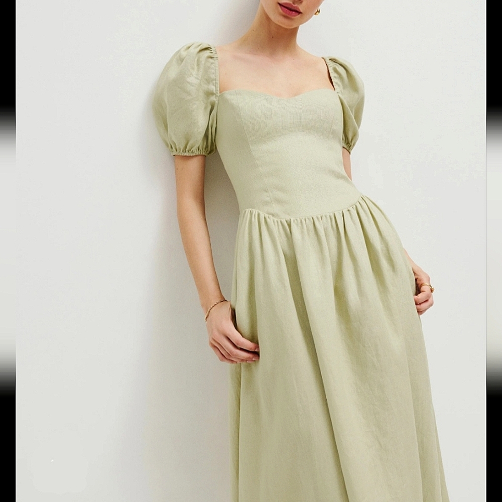 Reformation Light Green Puff Sleeve Dress